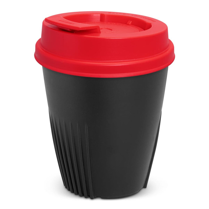 A drink bottle with a black body and a red lid, featuring textured grooves. It has a logo on the side.