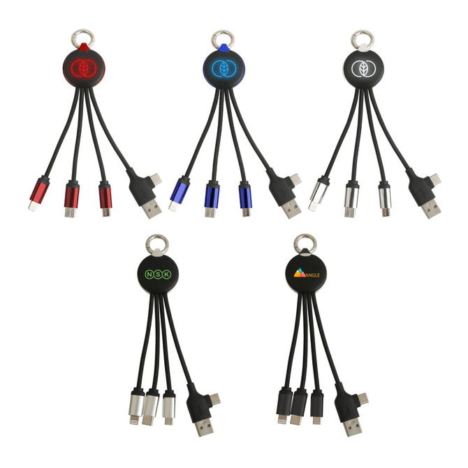 A round-shaped multi-charging cable with multiple connectors in red, blue, and black. It features a keyring attachment.