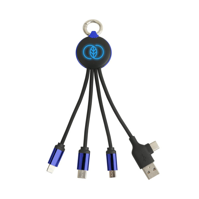 A round-shaped light-up multi charging cable with four connectors: USB-C, Lightning, and Micro USB, in blue and black.