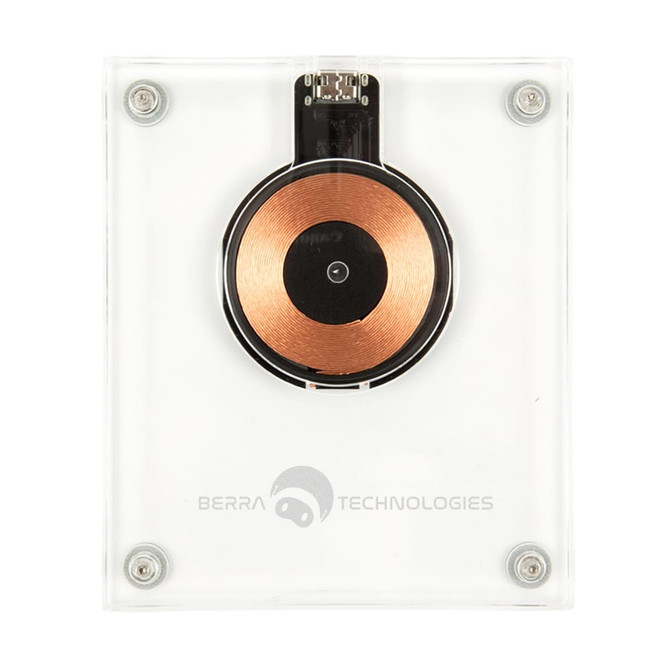 A crystal wireless charger with a copper charging coil, featured in a transparent casing. Includes a logo on the base.