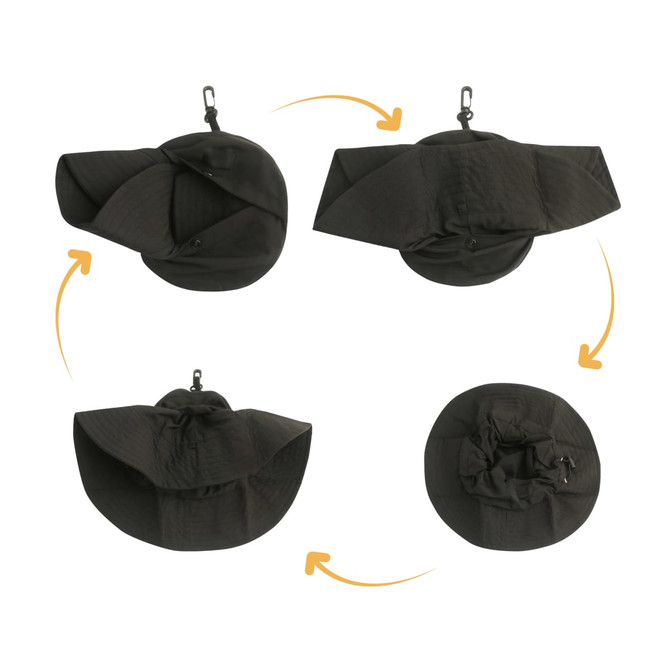 A foldable black bucket hat displayed in multiple positions, featuring a clip for easy storage.