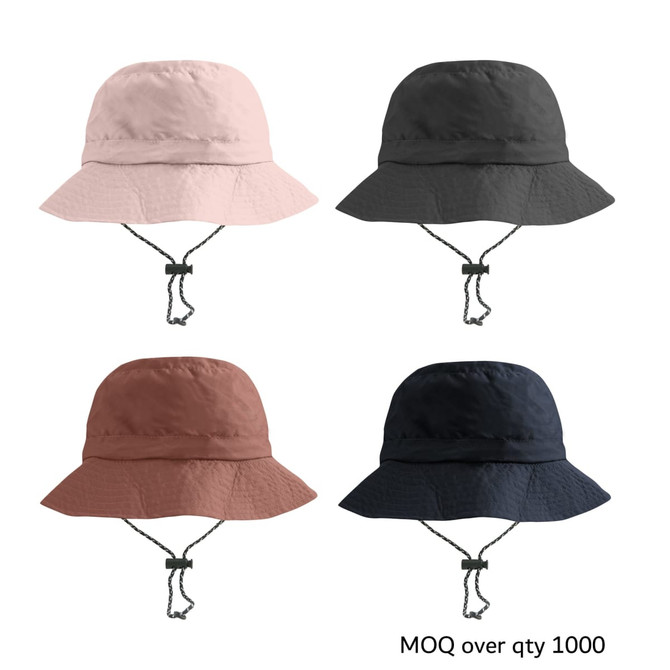 Foldable bucket hats in pink, black, brown, and navy, featuring an adjustable drawstring and a logo.