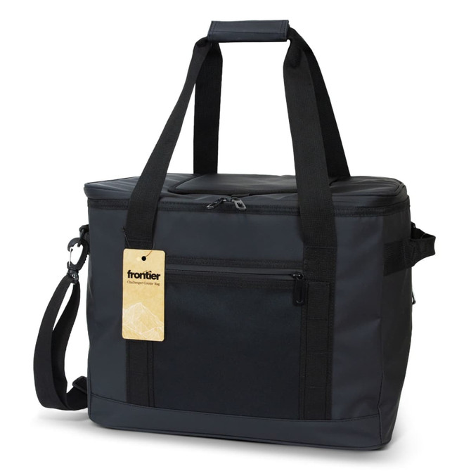 A black cooler bag with sturdy handles and a shoulder strap, featuring a front pocket and a brand logo.