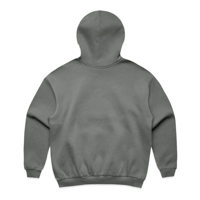 A grey hoodie with a plain back and a large hood. It features a waistband and cuffs in the same colour.