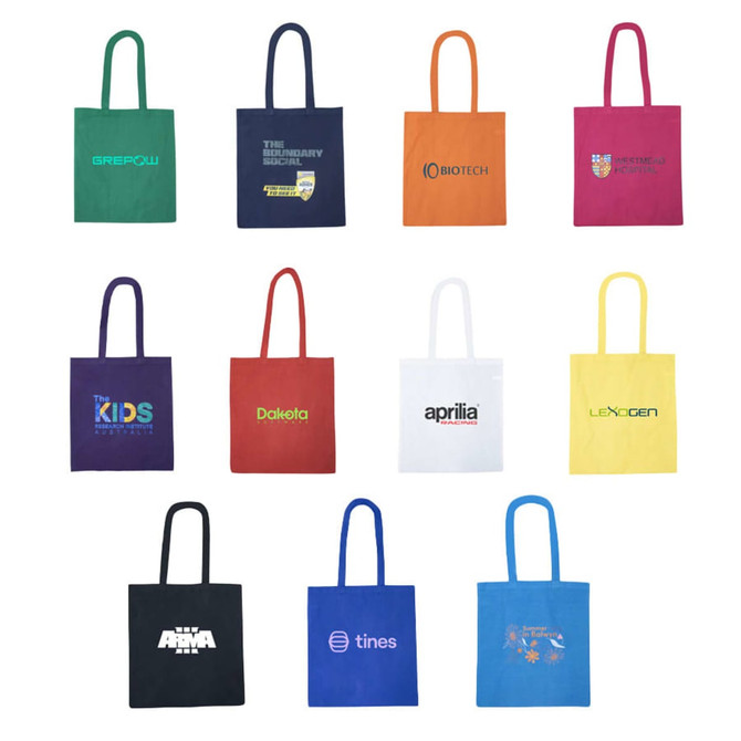 A collection of colourful cotton tote bags in various shades, featuring different logos and designs.