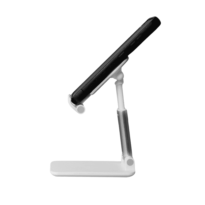 A folding desktop phone stand in white with a black phone positioned upright, featuring a sleek design.