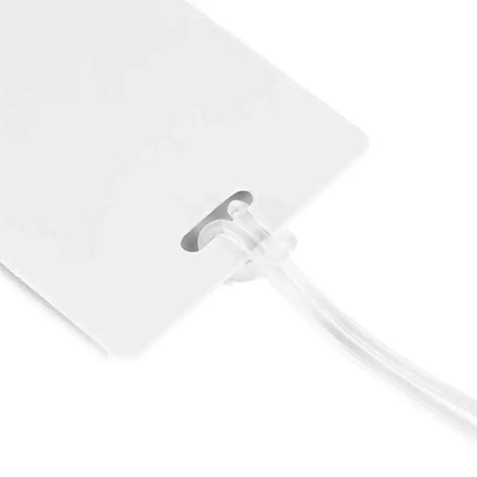 A white imprinted mini luggage tag with a clear strap, featuring a branding logo.