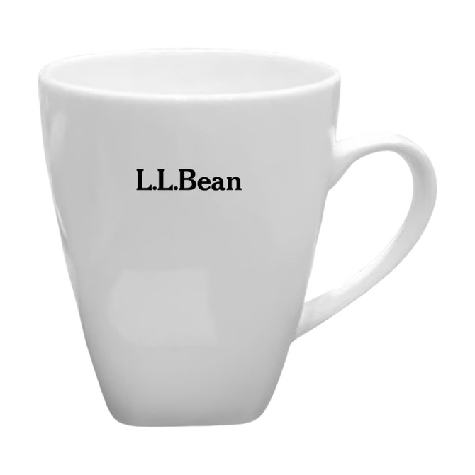 A white coffee mug with a tapered design and a handle, featuring a logo.