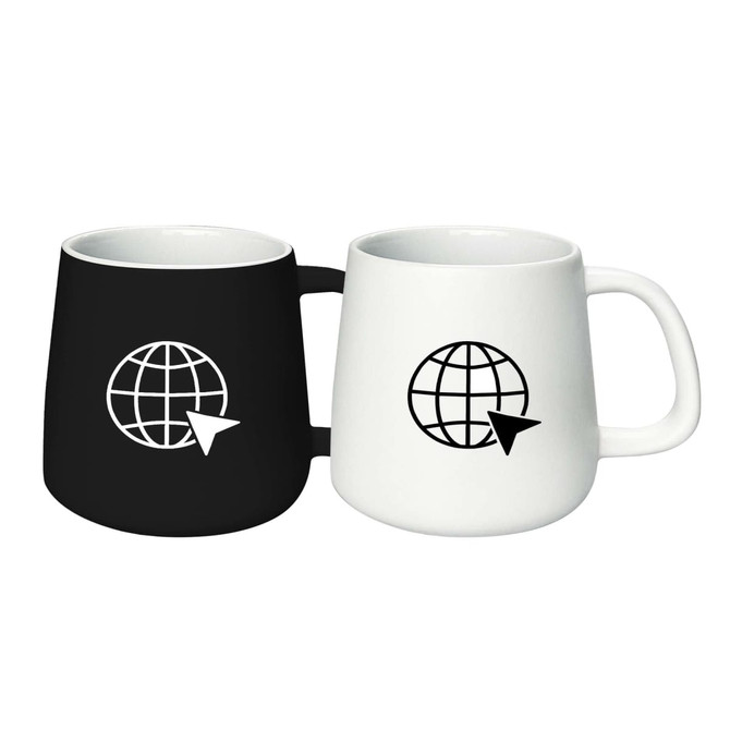 A set of two coffee mugs in black and white featuring a globe design and a visible logo.