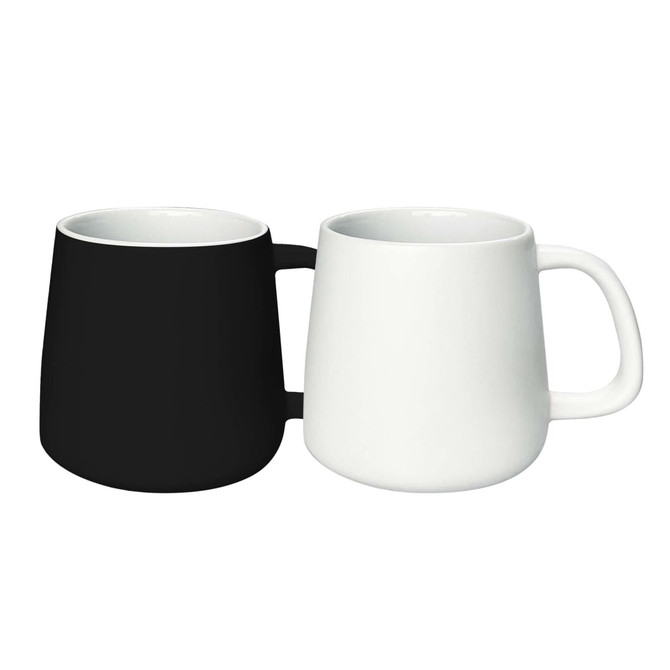 A coffee mug set featuring a black and a white mug, both with a rounded shape and a handle.