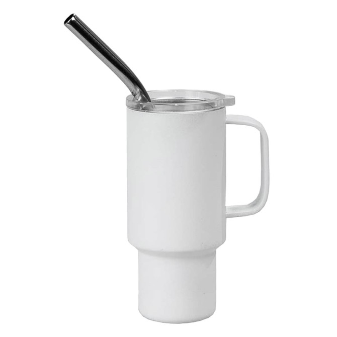 A white mini insulated tumbler with a handle and a stainless steel straw, featuring a logo.