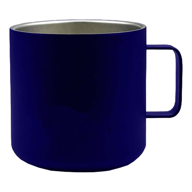 A reusable coffee cup in navy blue stainless steel with a handle and a sleek, modern design.