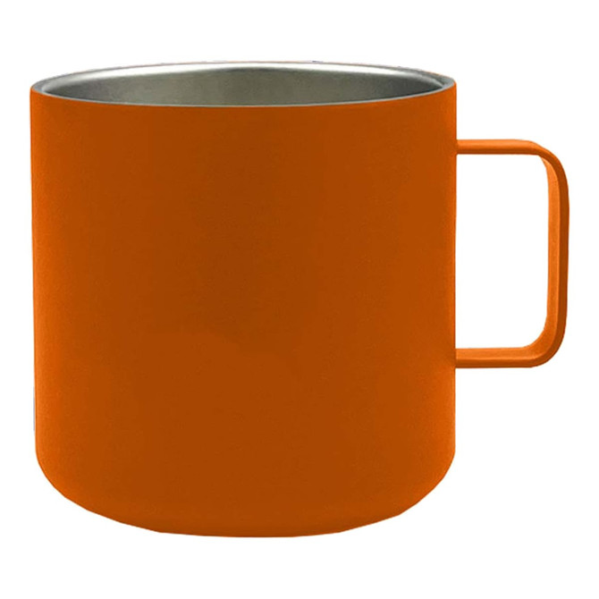 An orange stainless steel coffee cup with a handle, featuring a sleek design and a metal interior.
