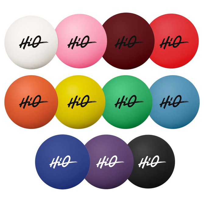 A collection of high bounce balls in various colours, including white, pink, red, orange, yellow, green, blue, purple, and black, with a logo.