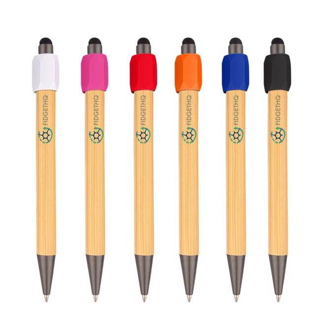 A set of six bamboo stylus pens featuring various coloured tops: white, pink, red, orange, blue, and black.
