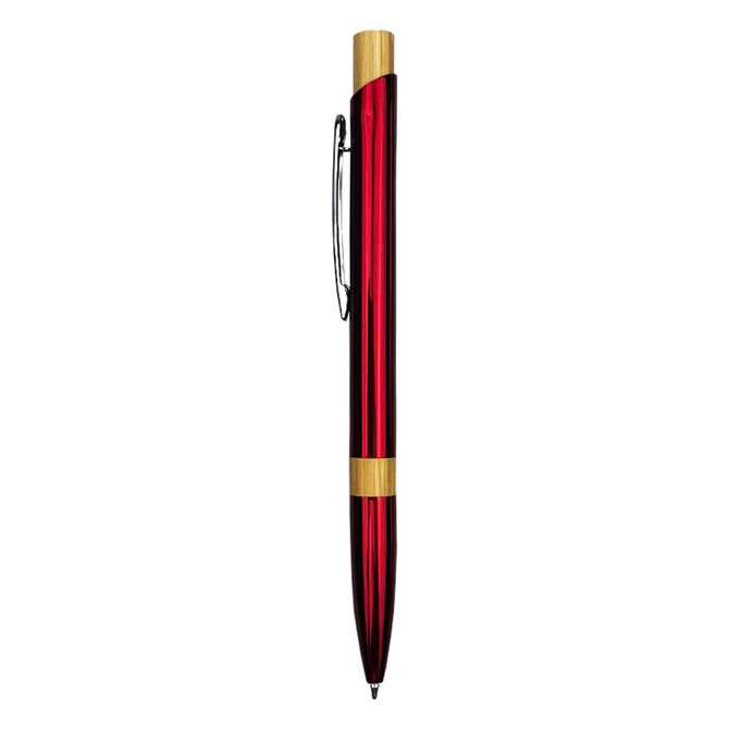 A metal pen in a shiny red finish with a gold-toned clip and accents. It features a branding logo.