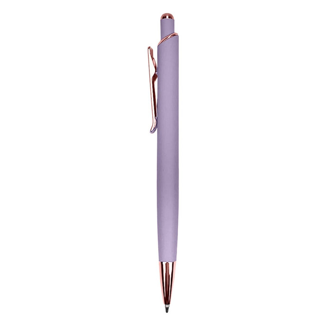 A metal pen in a soft lavender hue with a rose gold clip, featuring a sleek design and branding.