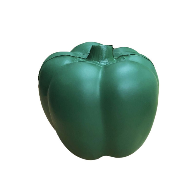 A green bell pepper-shaped stress toy with a smooth, shiny surface and a small stem at the top.