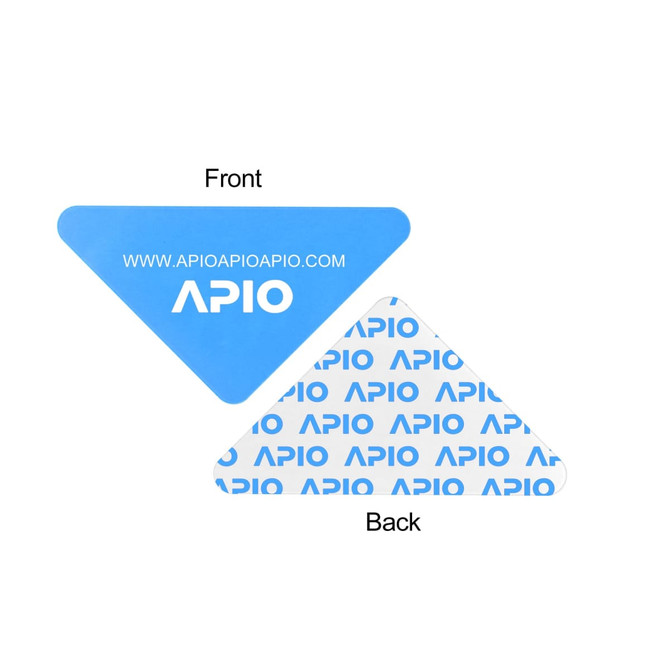 Acrylic fridge magnets in a triangular shape, featuring a blue front and a branded white back with repeating text.