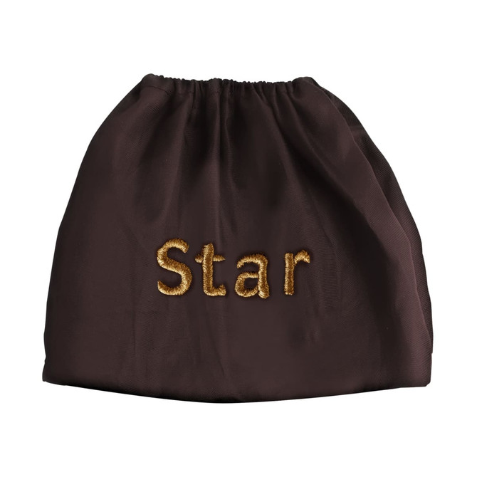 A brown drawstring pouch with an embroidered "Star" design. Features a soft fabric texture.