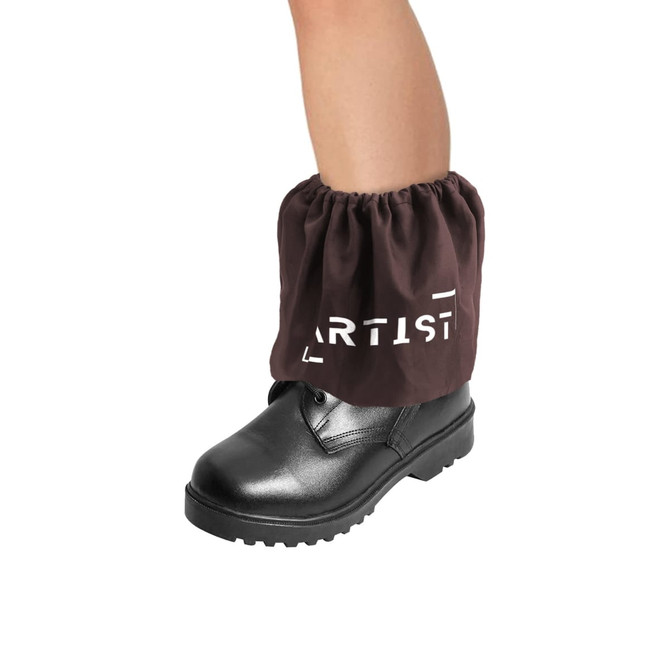 Waterproof boot covers in a brown colour, designed to fit over black boots, featuring a logo on the side.