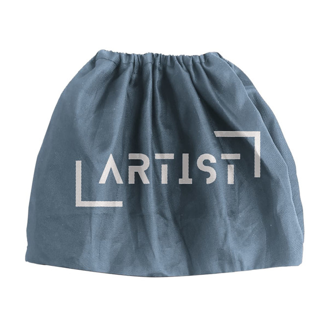 A blue drawstring bag with a logo. The fabric appears soft and slightly crumpled.