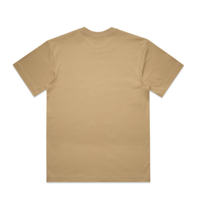 A tan Box Tee featuring short sleeves and a plain back. The shirt has a simple design and a relaxed fit.