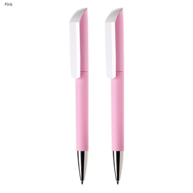 A set of two pink plastic pens with white accents, featuring a sleek design and a logo on the side.