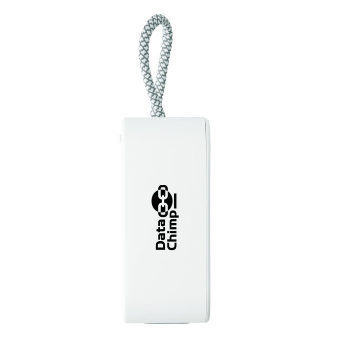 A white portable speaker with a textured strap and a logo on one side.