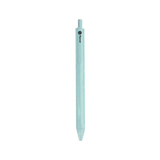 A mint green ballpoint pen made from wheat straw, featuring a logo on the side.