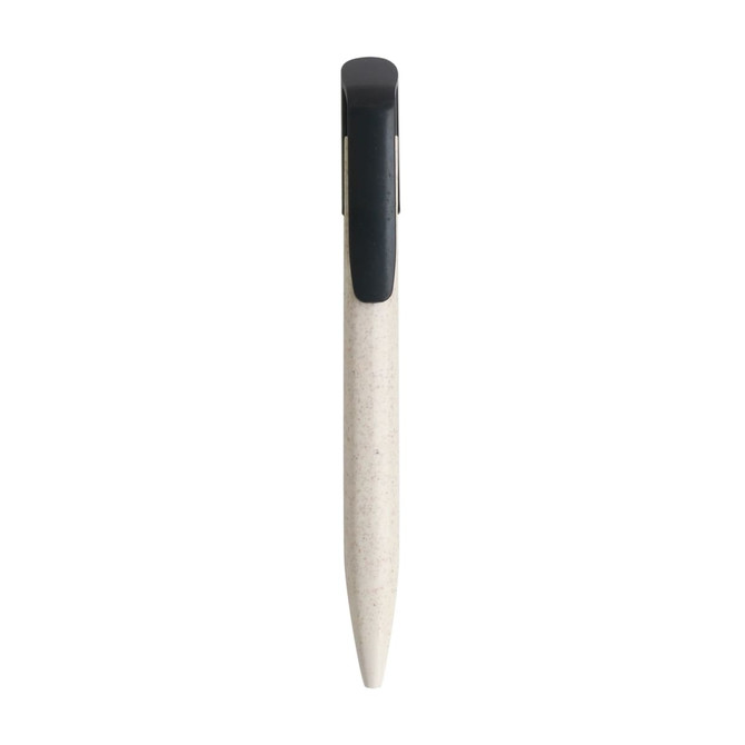 A wheat straw click pen in cream with a black clip. Features a smooth, tapered design. Includes a logo on the body.