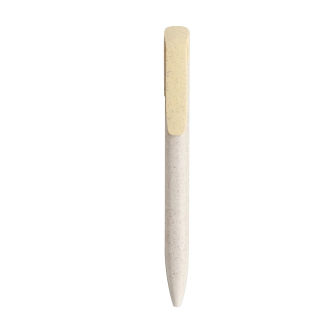 A wheat straw click pen in white with a gold clip, featuring a simple and sleek design, has a logo.