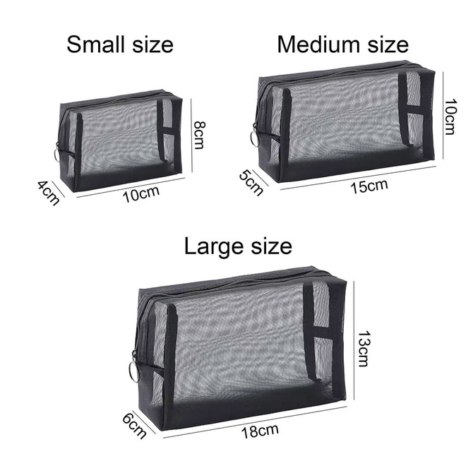 A set of three nylon mesh cosmetic bags in varying sizes: small, medium, and large, all in black.