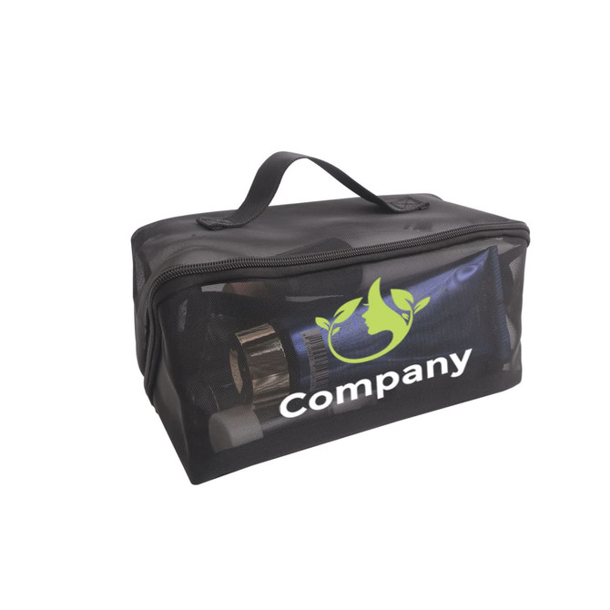A black nylon mesh cosmetic bag with a zipper, containing beauty products and featuring a logo.