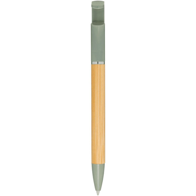 A pen with a bamboo barrel and green accents, featuring a logo. It has a modern design suitable for promotional use.