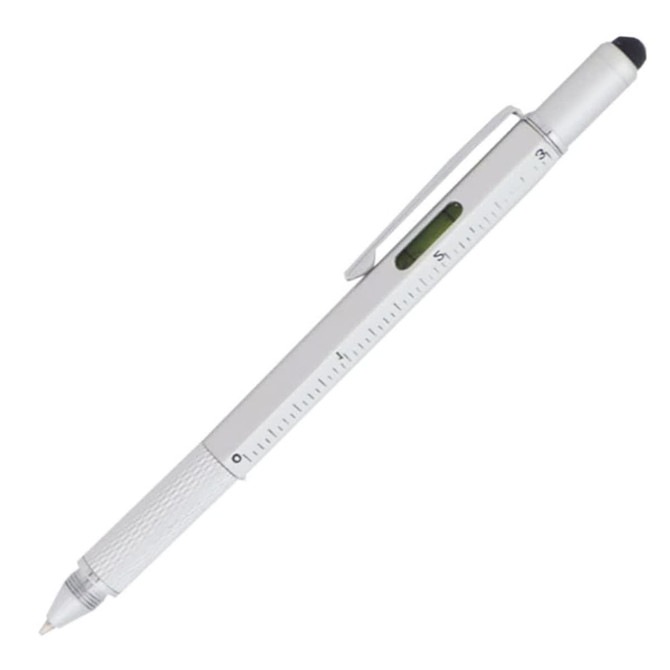 A silver metal pen with a ruler and spirit level, featuring a textured grip and a stylus tip.