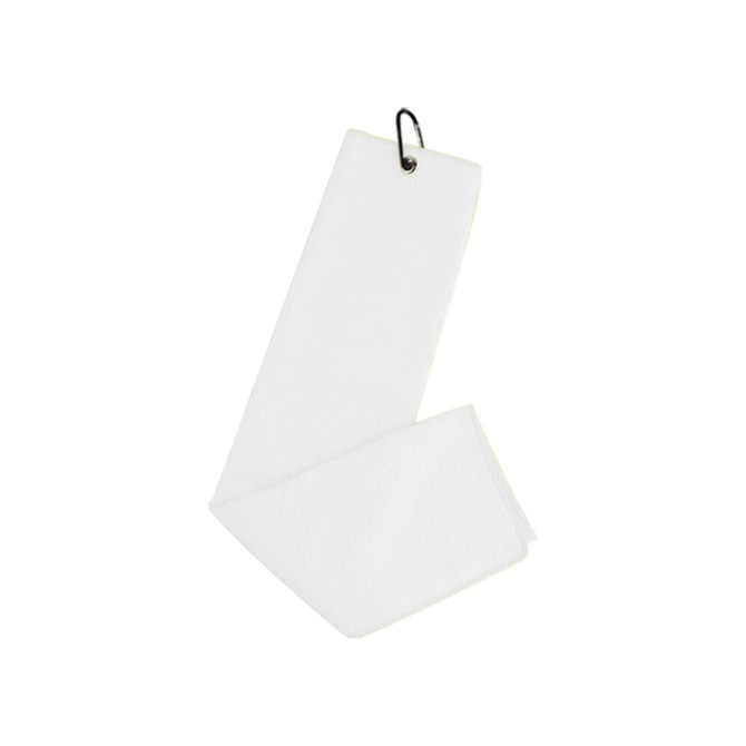 A white waffle golf towel with a hanging clip, featuring a textured fabric design.
