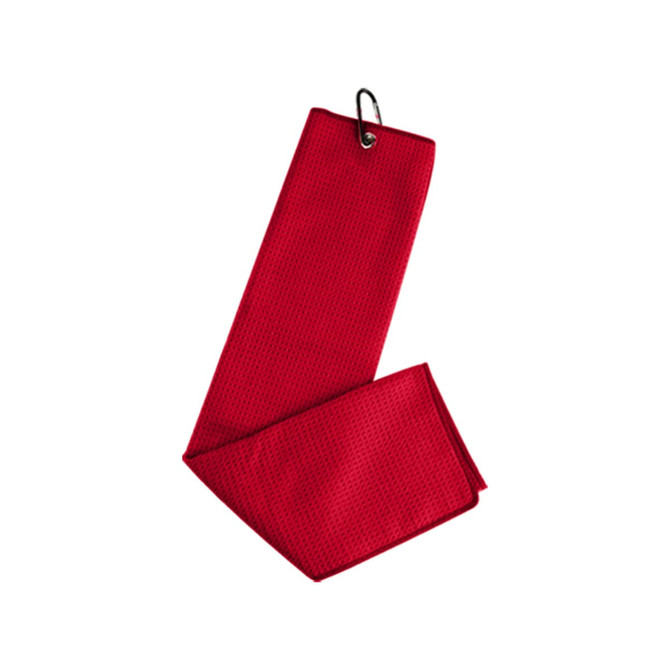 A red waffle golf towel with a metal clip for attachment. It features a textured surface and a folded design.