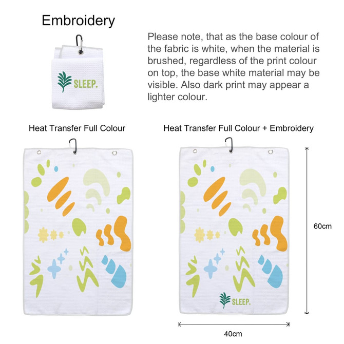 A white golf towel featuring colourful foot and wave designs, with a hook for easy attachment.