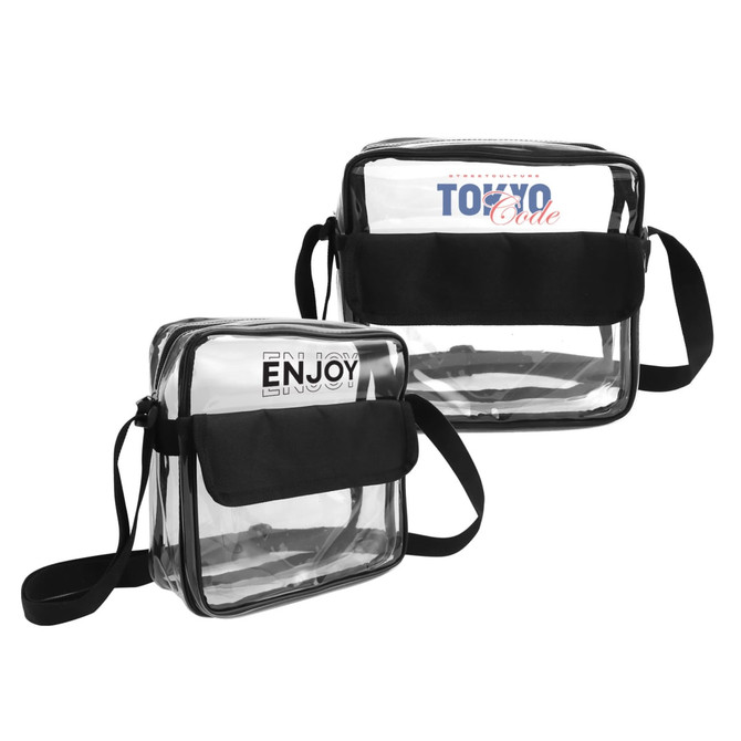 Clear shoulder crossbody bags in a rectangular shape, featuring a black strap and black accents. One bag displays a logo.