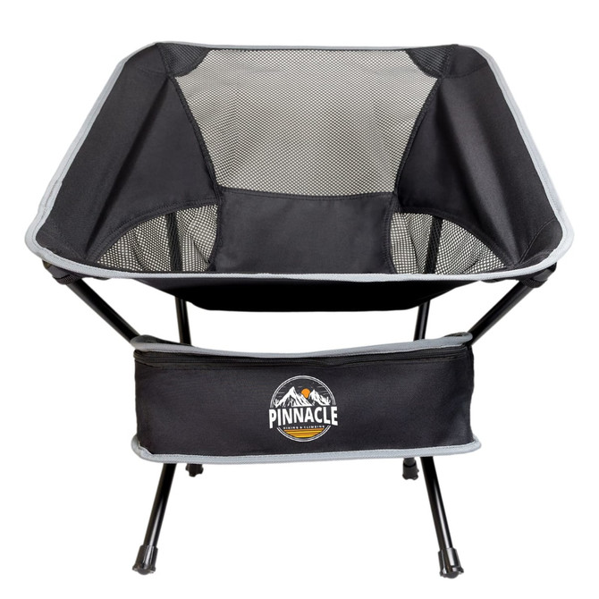 A black folding chair with a mesh backrest and a logo, featuring a sturdy frame and a supportive seat.