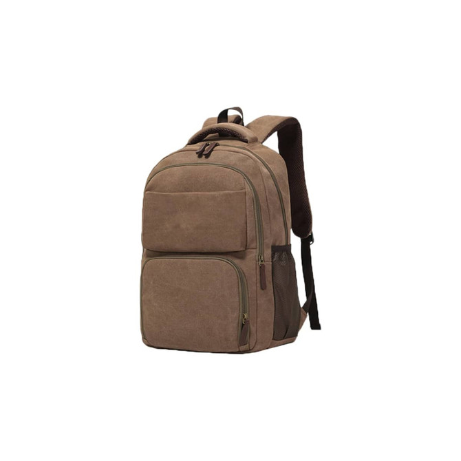 A brown canvas laptop backpack featuring multiple pockets and padded shoulder straps. It has a logo on the front.
