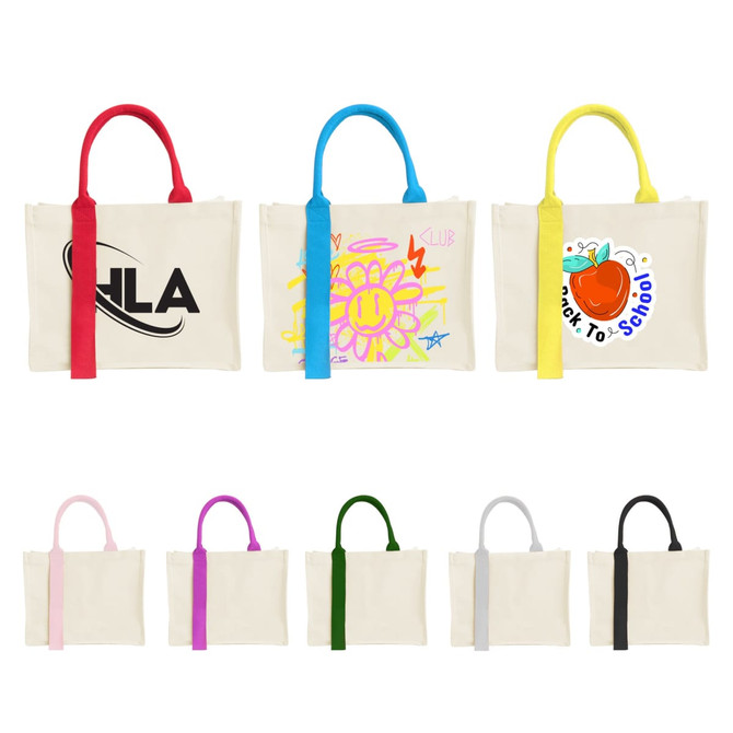 A collection of horizontal canvas tote bags in various colours, featuring different designs and logo placements.