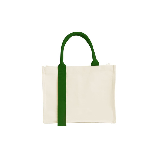 A cream horizontal canvas tote bag with green handles and a logo.
