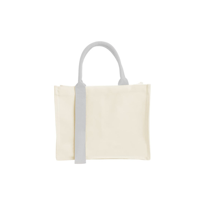 A horizontal canvas tote bag in cream with grey handles. The bag has a simple design and includes a logo.