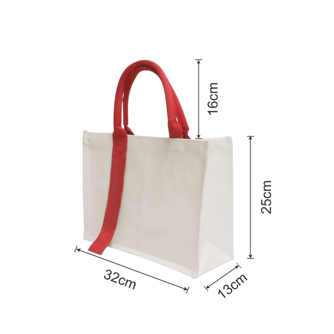 A horizontal canvas tote bag in cream with red handles, featuring dimensions of 32cm x 16cm x 25cm.