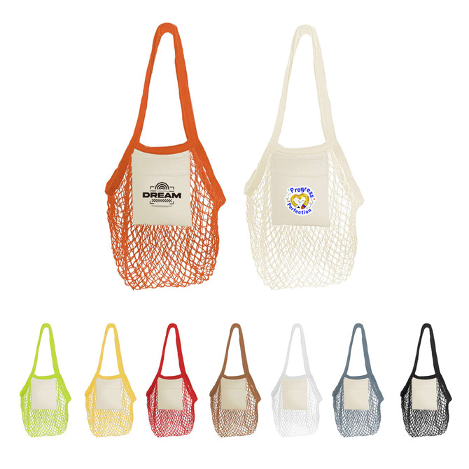 Mesh foldaway cotton tote bags in orange, cream, yellow, green, brown, black, and blue, featuring logos on the front.