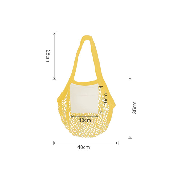 A yellow mesh foldaway cotton tote bag with a white pocket, featuring a netted design and adjustable straps.