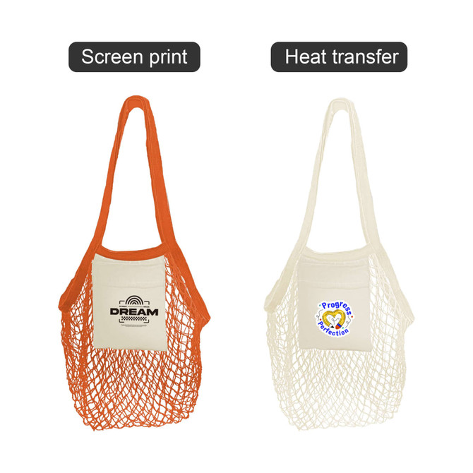 A mesh tote bag in orange with a screen print and a cream bag with a logo, featuring a netted design.