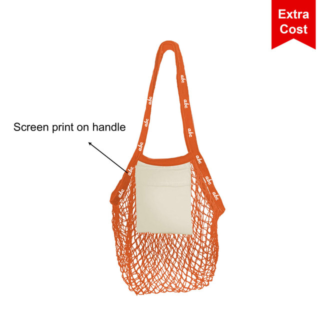 An orange mesh foldaway cotton tote bag with a cream pocket and screen print on the handle.
